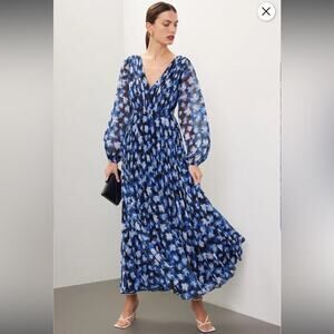 RTR ML Monique Lhuillier Melanie Black‎ White & Blue Floral Maxi Dress Sz 0
